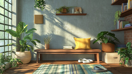 Fototapeta premium Minimalist composition of cozy living room interior with wooden bench, plants in flowerpots, wall with stucco, books, brown slippers, round box and personal accessories. Home decor Template.