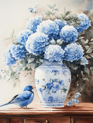 Porcelain vase flower hydrangea bouquet jar blue white pottery table bird leaf bloom petal branch elegant natural ceramic object plant watercolor art clipart background detail vintage decorative
