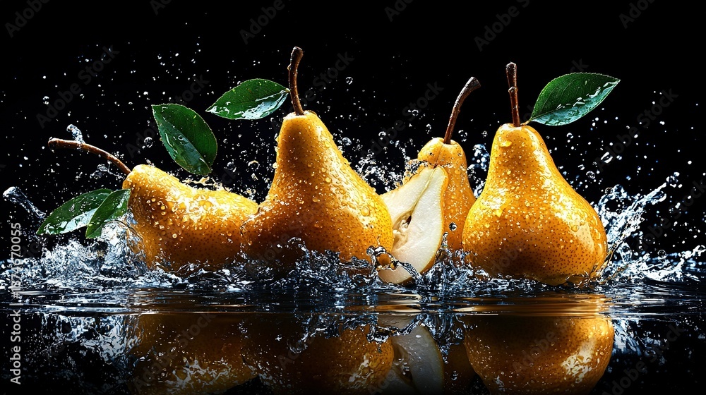 Poster a cluster of pears splashing in water, with leaves floating on both the surface and beneath