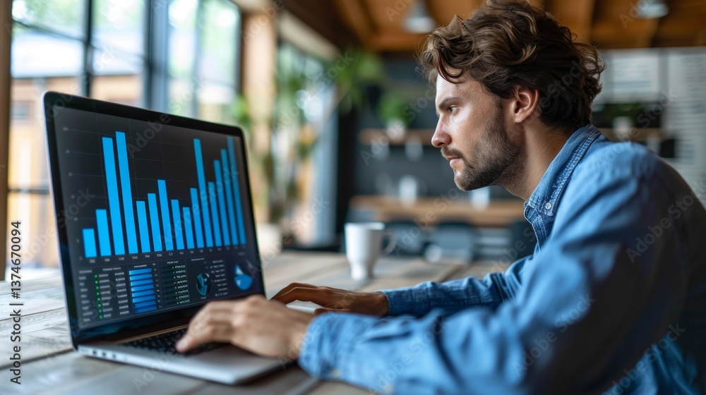 Poster professional analyzing data metrics on laptop for business insights and decision making in modern of