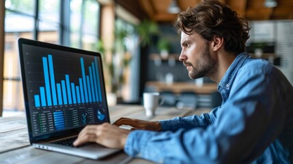 Professional analyzing data metrics on laptop for business insights and decision making in modern office