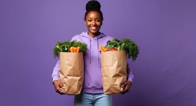 Smiling African American woman holding paper grocery bags with fresh vegetables on purple background. Female in lavender hoodie. Healthy eating shopping. Nutrition programs, food delivery