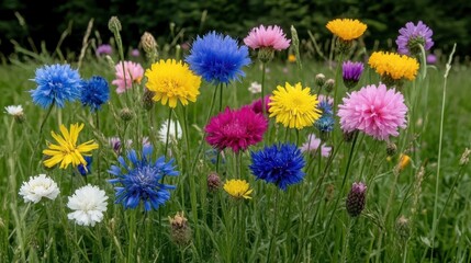 Fototapeta premium Vibrant fields of wildflowers blossom in a harmonious display of colors, capturing the essence of nature's beauty at the height of spring under the bright sun