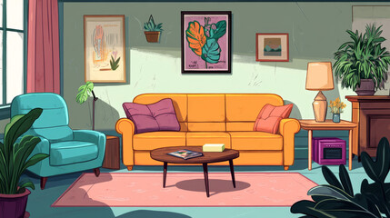 Fototapeta premium Warm and cozy living room interior with mock up poster frame, wooden coffee table, boucle sofa, white armchair, black rack, vase with magnolia, brown plaid and personal accessories. Home decor. 