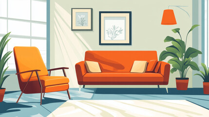 Warm and cozy living room interior with mock up poster frame, boucle sofa, white armchair, black rack, vase with magnolia, brown plaid and personal accessories. Home decor. Template.