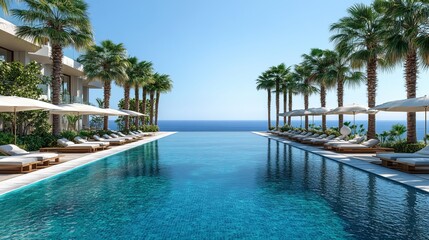 Fototapeta premium Infinity pool resort ocean view palm trees luxury travel destination summer vacation relaxation paradise