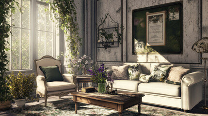 Fototapeta premium Warm and cozy living room interior with mock up poster frame, modern coffee table, modular sofa, oval shapes armchair, vase with dried flowers, pillows and personal accessories. Home decor. Template.