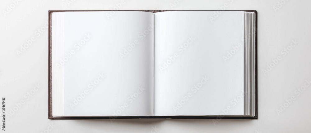 Poster photograph of an open book with blank pages. the book appears to be a hardcover with a black border 