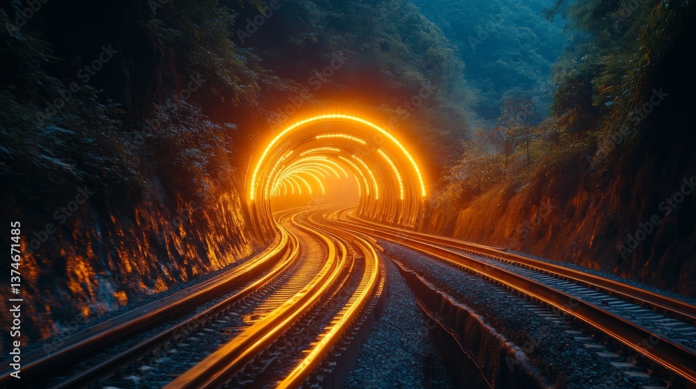 Poster Train tracks curve into a brightly lit tunnel surrounded by lush greenery, showcasing the intersection of urban transit and natural landscape at dusk.