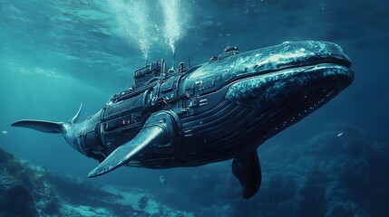 Fototapeta premium Whale navigating a futuristic submarine, mapping deep-sea terrains with advanced sonar technology.