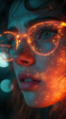 Close-up of a woman's face illuminated with glowing orange particles, wearing translucent glasses reflecting city lights.  Cyberpunk aesthetic.