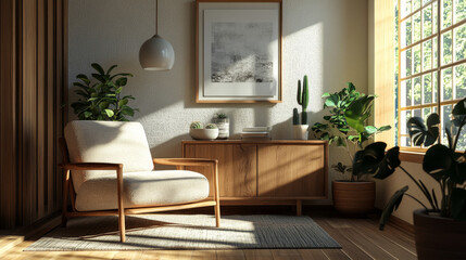 Fototapeta premium Cozy living room featuring a plush armchair, modern wooden sideboard, and a mix of greenery. Warm tones and simple decor create a serene, inviting atmosphere. Template.
