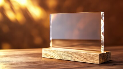 A close-up of a sleek, modern transparent acrylic plaque standing on a rectangular wooden base. The plaque is completely clear with no text or engravings and has a 4:5 proportion.