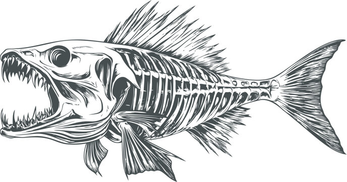 Detailed skeletal fish drawing with sharp teeth in black and white illustration. Vector illustration