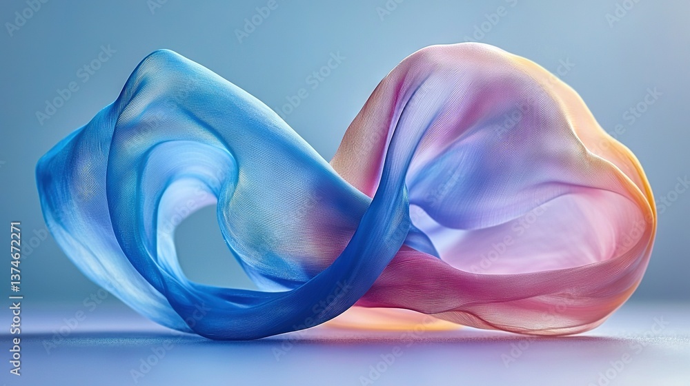 Poster a tricolored object on a blue backdrop with a reflection on its base