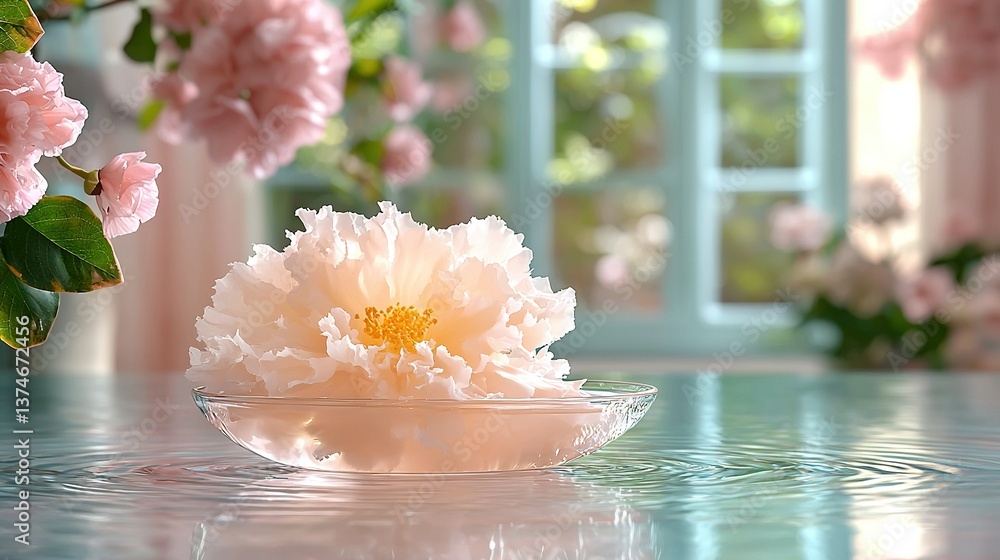 Aufkleber a close-up of a flower in a bowl on a table with water and a window in the background