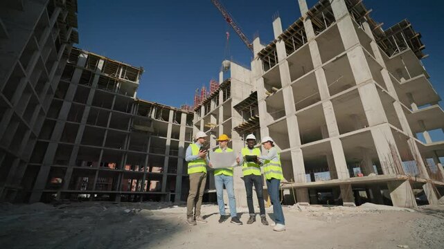 Group of female and males constructors in safety helmets working and talking on-site. Woman and men of different races examining blueprints near building under construction. Outdoor teamwork.