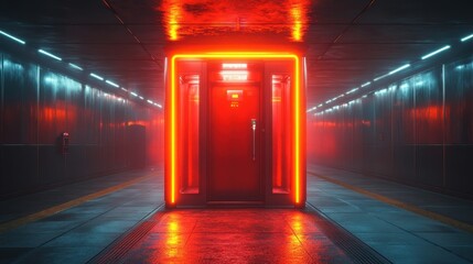 Futuristic phone booth glowing in neon lights amidst a chaotic urban environment at dusk
