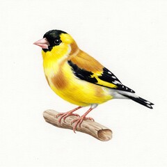 Naklejka premium Illustration of a golden finch with bright yellow feathers sitting on a branch. Ideal for bird, nature, wildlife, ornithology and art illustration themes.