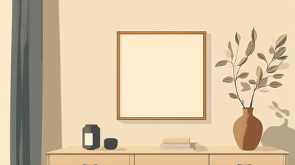 Minimalist composition of living room interior with mock up poster frame, beige commode, vase and personal accessories. Copy space. Template.