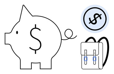 Piggy bank marked with dollar sign, circular dollar coin, and backpack symbolizing saving habits, budgeting, financial literacy, education costs, school funding, investment youth finance. Flat