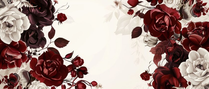 Dark red white rose flower border frame funeral banner blank template burgundy black branch leaf leaves card copy space.