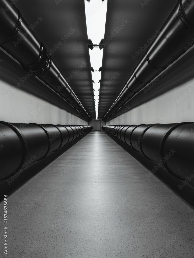 Poster long, narrow corridor with a high ceiling. the corridor is made up of multiple black pipes that are 