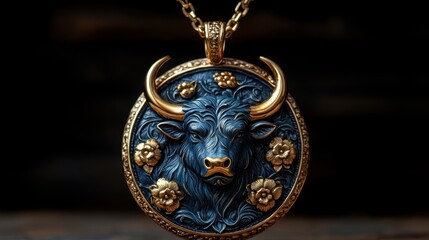 Fototapeta premium Elegant gold pendant showcasing a blue bull with striking golden horns and hooves, encapsulating artistry and cultural symbolism in a modern design