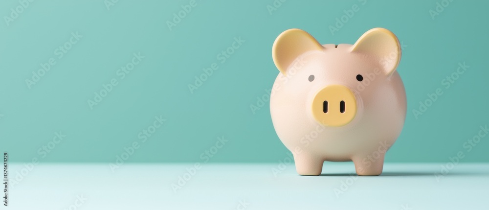 Poster 3d rendering of a piggy bank on a light blue background. the pig is standing upright with its body f