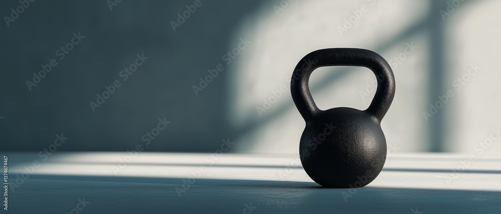 Poster close-up of a black kettlebell on a blue surface. the kettlebell is in the center of the image and i