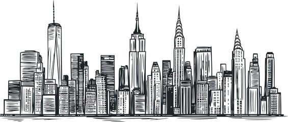 Manhattan skyline with famous skyscrapers in black