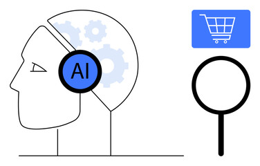 Human profile with AI label and gears, magnifying glass, shopping cart. Ideal for e-commerce, innovation, AI integration, user experience, online search technology consumer trends. Flat simple