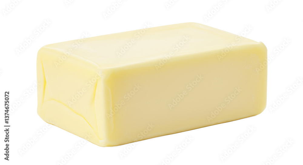 Poster a single block of butter with its wrapper edges visible against a dark background in a studio shot