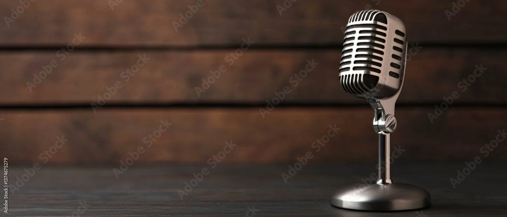 Poster close-up of a vintage microphone on a stand. the microphone is silver in color and has a round shape