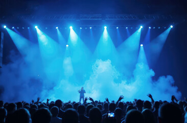 Energetic concert: male performer engaging crowd with vibrant blue lighting