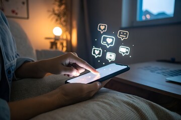 Alert notification concept. Push Notifications, Web Reminders, Time Table and Announcements. Person using smartphone with notification icon on virtual screen.