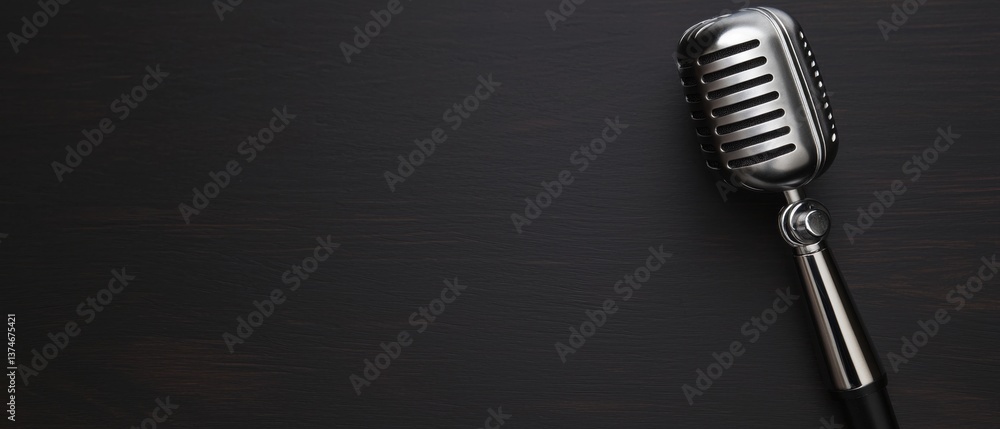 Poster close-up of a vintage microphone on a black background. the microphone is silver in color and has a 