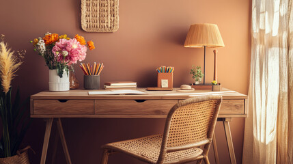 Warm and cozy workplace interior with wooden desk, rattan chair, vase with flowers, books, marble lamp, cup with pencils, sculpture, brown wall and personal accessories. Home decor. Template.