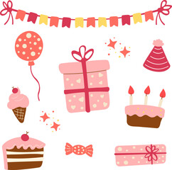 Happy Birthday illustration with festive gift boxes, balloons, cakes, candy, and decorations. Ideal for birthdays, baby showers, weddings