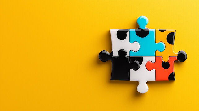 Fun and quirky design of a puzzle piece with polka dots and stripes on a bright yellow background, playful setting, top-down view, bold lighting emphasizing contrast, puzzle piece symbol