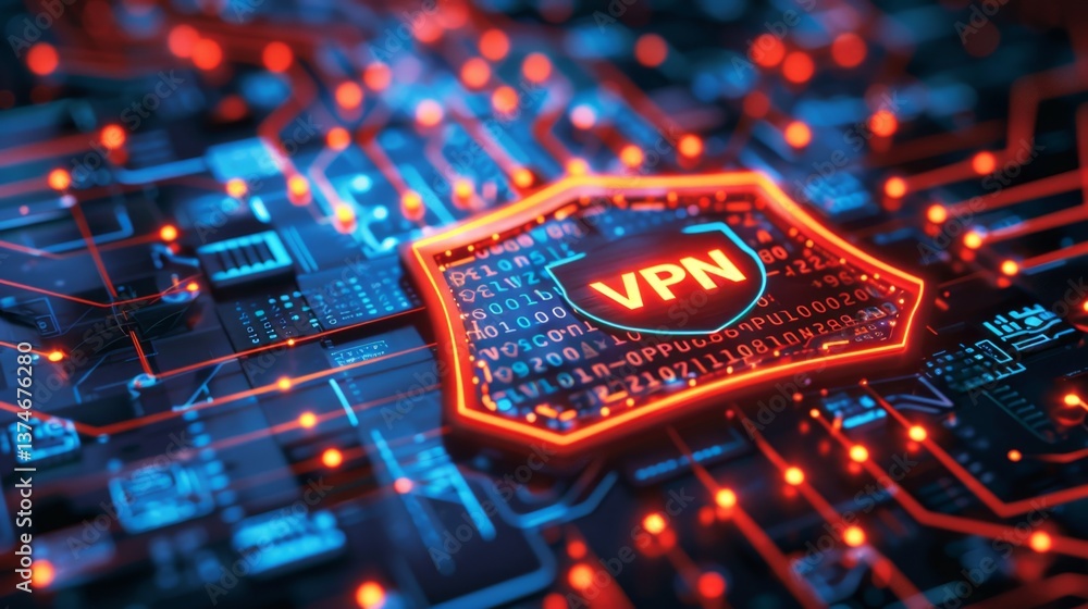 Poster digital security shield representing vpn technology on a circuit board with glowing connections