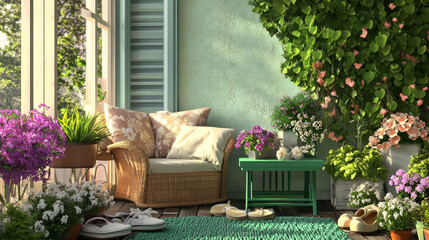 Obraz premium Cozy composition of warm terrace interior with garden armchair, pillows, vase with flowers, bench, green coffee table, slippers, vase with flowers and personal accessories. Home decor. Template.