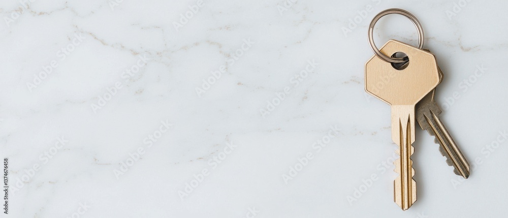 Fototapete set of keys lying on a white marble surface. the keys are made of wood and have a golden color. they
