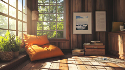 Fototapeta premium Cozy reading nook with a warm, earthy palette, featuring a wooden cabinet, modern art, and a soft orange stool for a relaxed vibe