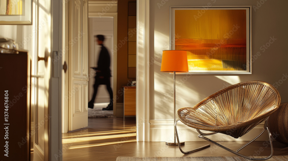 Poster a living space with a rattan and chrome chair, complemented by an orange lamp and abstract art. the 