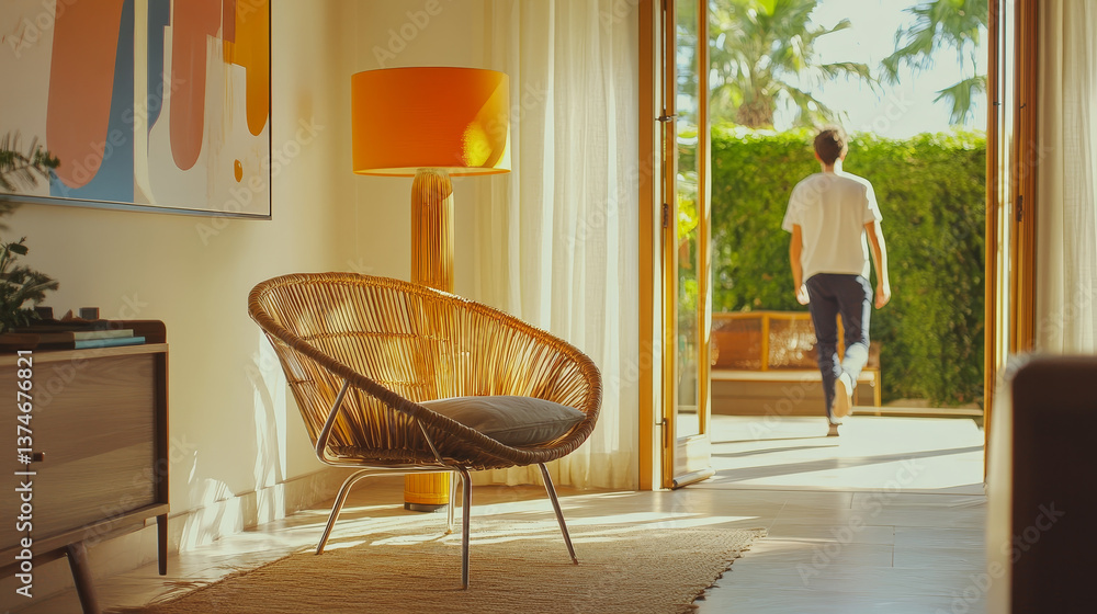 Poster a living space with a rattan and chrome chair, complemented by an orange lamp and abstract art. the 