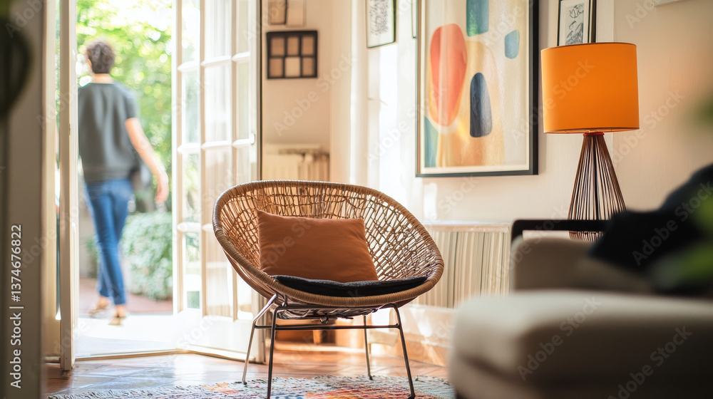 Poster a living space with a rattan and chrome chair, complemented by an orange lamp and abstract art. the 