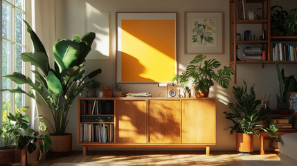 Stylish interior with a wooden cabinet adorned with potted plants, decorative objects, and books. A vibrant art piece featuring a sunburst design adds a pop of color. Cozy seating area. Template.