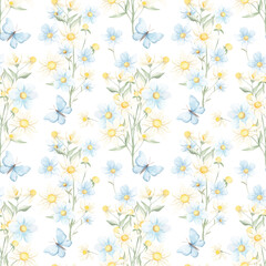 Spring seamless pattern, watercolor. Texture. Small spring flowers. Blooming. Summer. Pink, blue. Home textile, tablecloth. Print for fabric. Floral pattern.