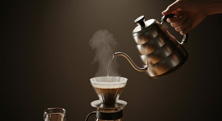 Pouring hot water from kettle into coffee filter for a pour over brewing method on a dark background